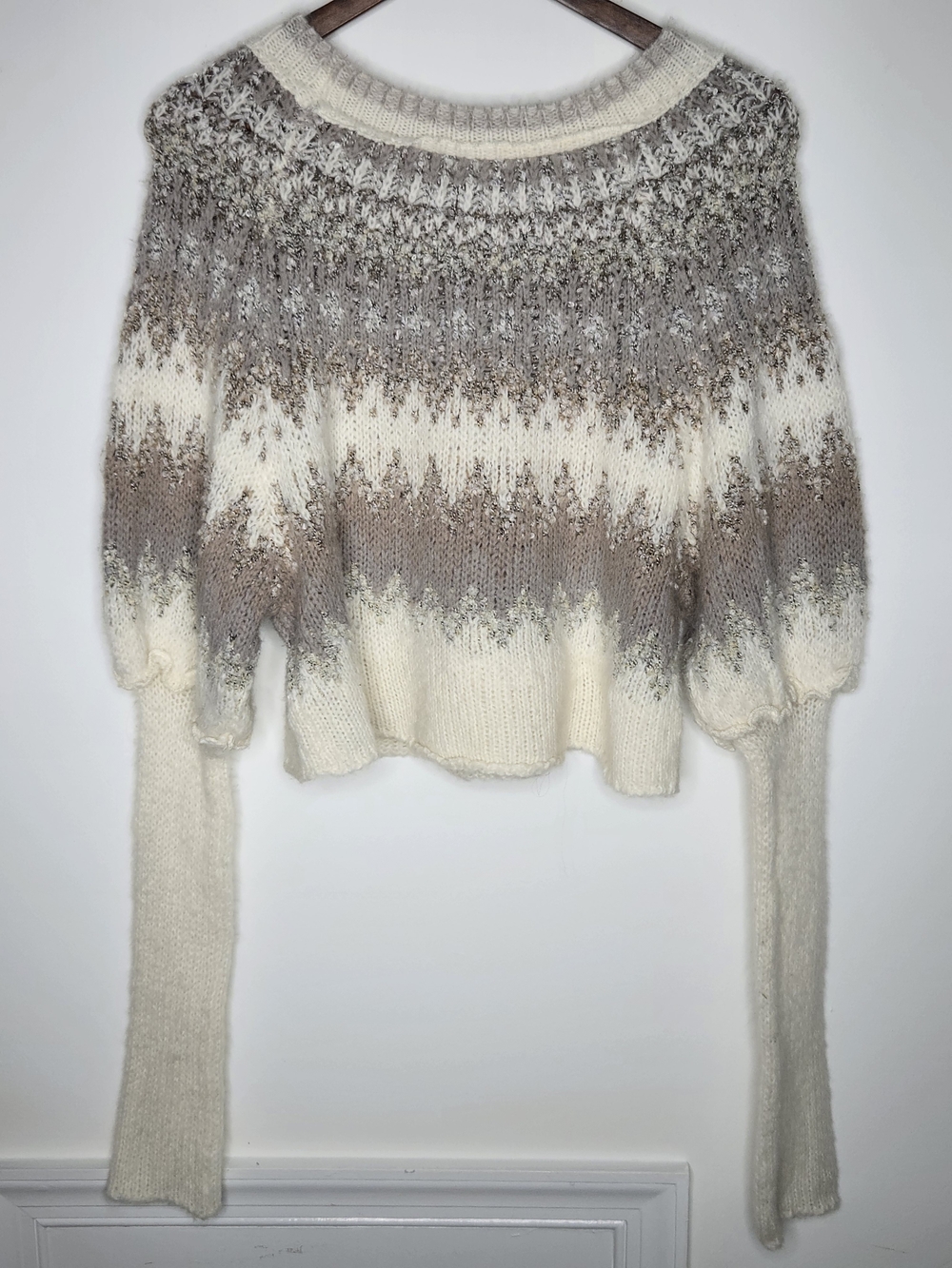 Free People Home For The Holidays Knit Pullover Cream Beige Fair Isle Size M - Picture 7 of 15